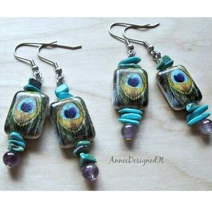 Glazed Peacock Feather Earrings